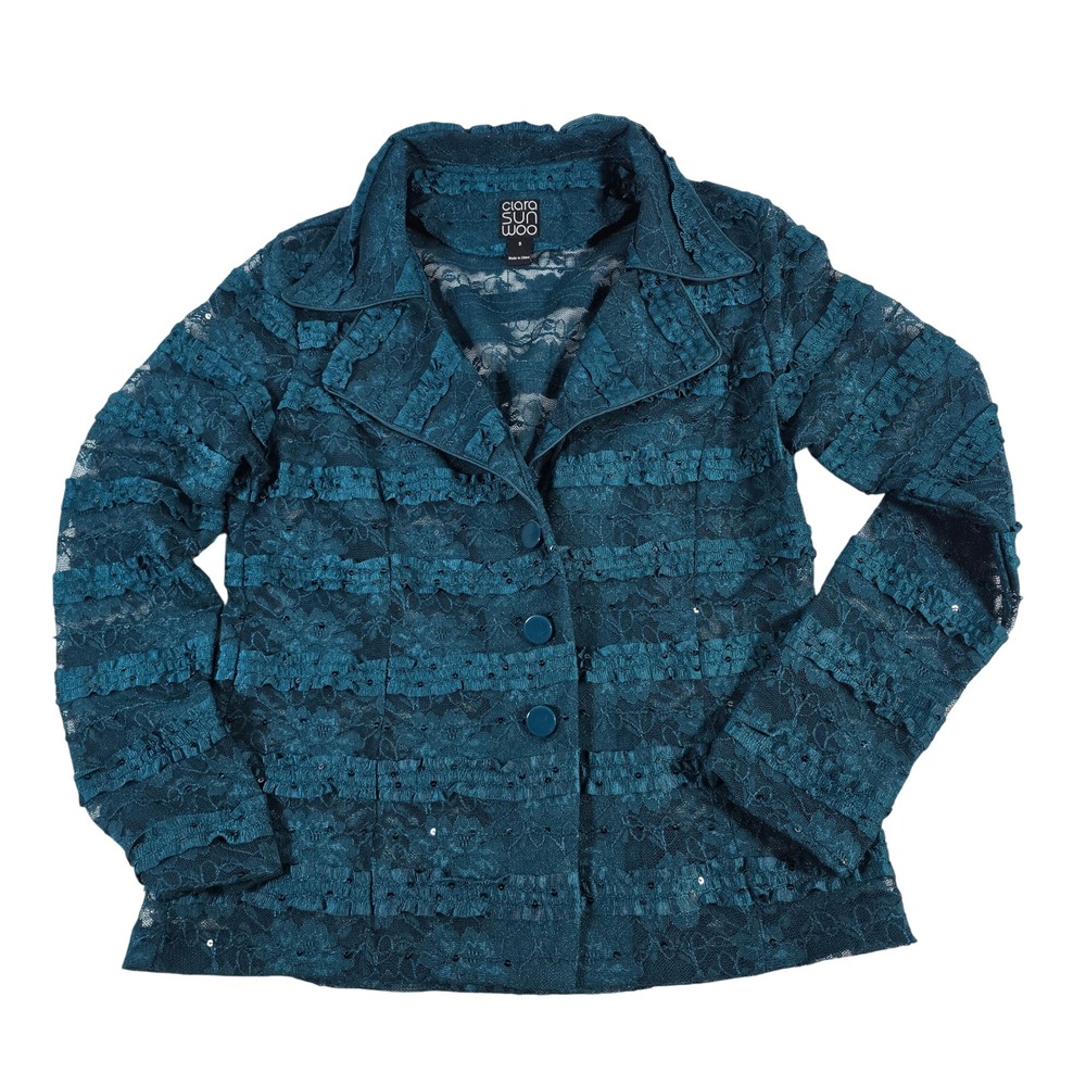 CLARA SUN WOOL Teal‎ Lace Ruffle Jacket Blazer Button Front Women's Size S